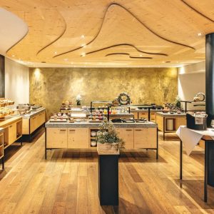 Breakfast room with elegant buffet at My Arbor Hotel, South Tyrol